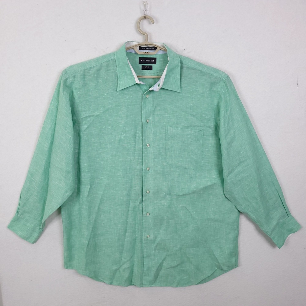 Paul Fredrick Linen Shirt Mens 18x35 Green Luxury Non-Iron Classic Fit